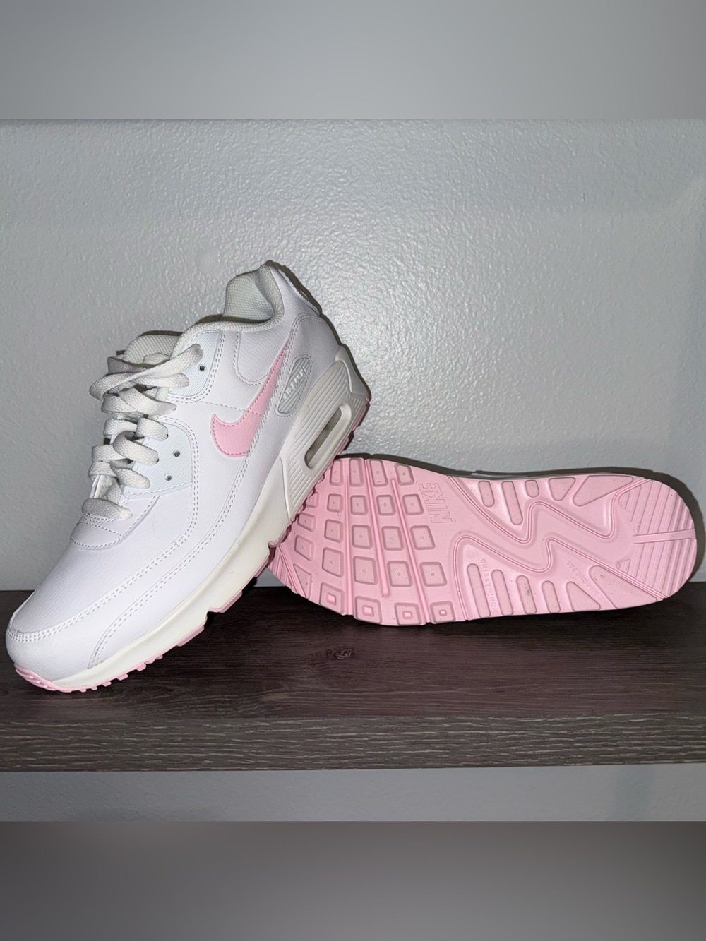 Nike Air Max 90 White Sneakers with Pink Swoosh and Pink Outsole - Size 6.5Y/8W